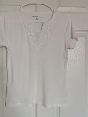 White embroidered Croft and Barrow v neck top